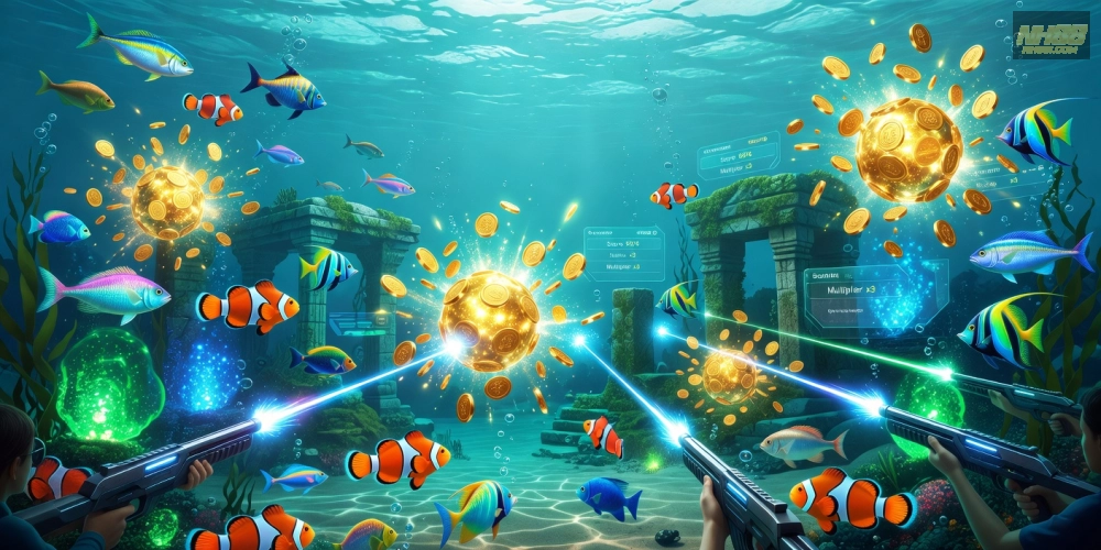 Minh họa khái niệm bắn cá nổ hũ nh88 với đồ họa sống động và jackpot hấp dẫn