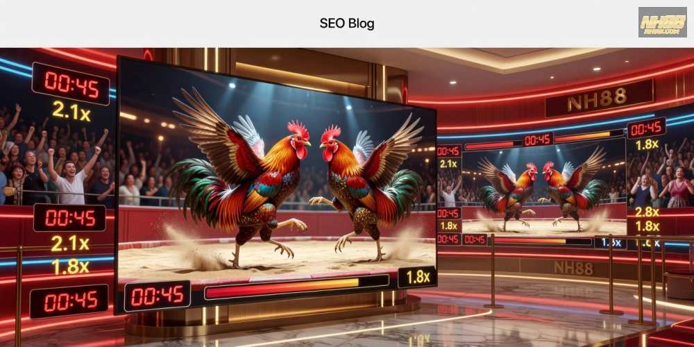 Caption tiếng Việt ngắn gọn 8–16 từ: Hình minh họa khái niệm đá gà trực tiếp tại casino NH88 với giao diện streaming hiện đại