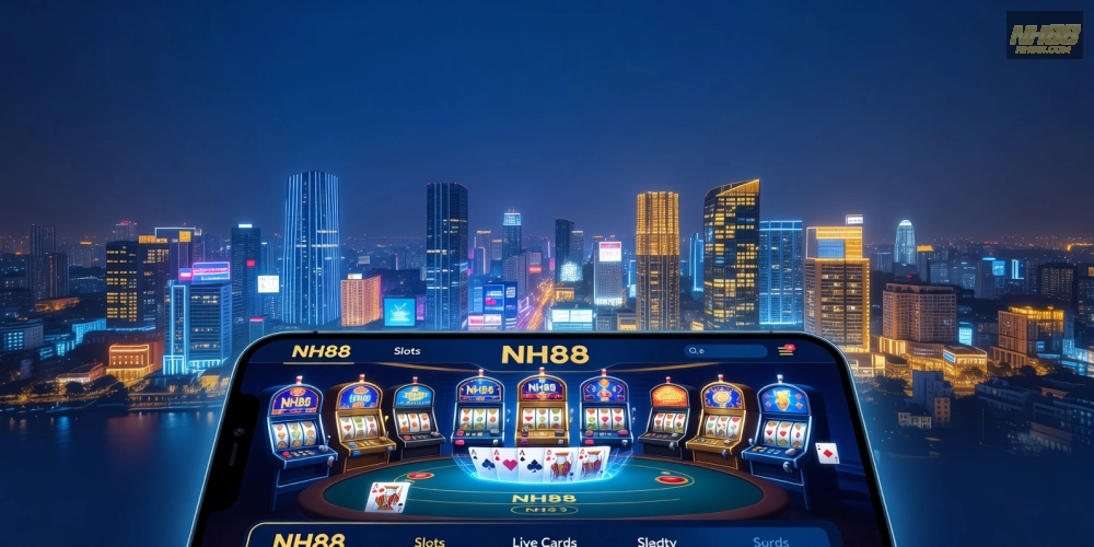 Minh họa khái niệm casino in ho chi minh nh88 với giao diện hiện đại và thành phố sôi động