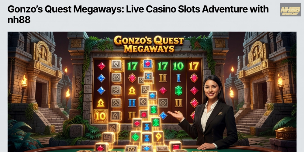 Hình ảnh dealer dẫn dắt trò chơi Gonzo's Quest Megaways trên nền tảng nh88 với hiệu ứng avalanche sống động