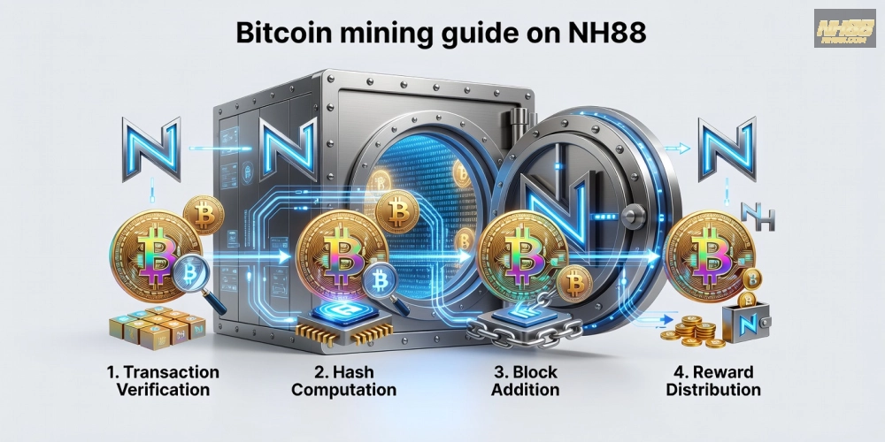 Minh họa khái niệm hướng dẫn đào Bitcoin trên nền tảng NH88 đơn giản và dễ hiểu