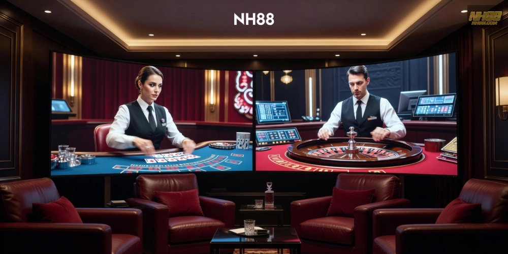 Hình ảnh minh họa khái niệm live casino house nh88 với dealer trực tiếp và giao diện hiện đại