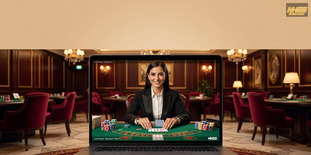 Hình minh họa giao diện live casino nh88 với dealer chuyên nghiệp và bàn chơi thực tế